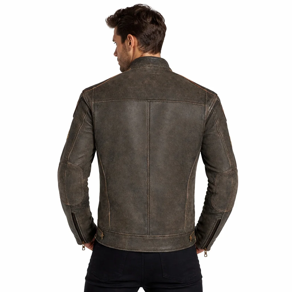Classic British Striped Biker Leather Jacket with Badges - Image 2