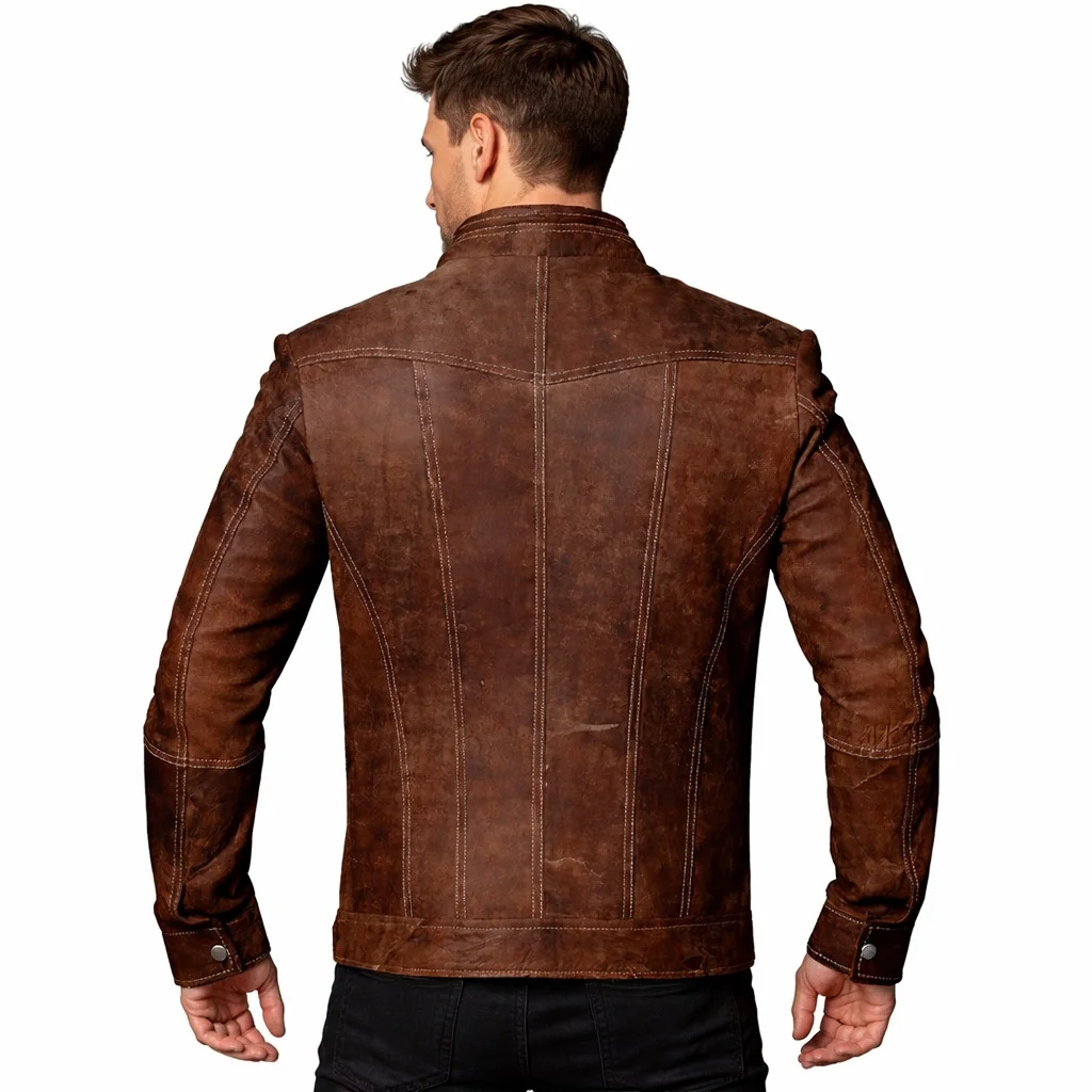 Men’s Distressed Brown Leather Cafe Racer Motorcycle Jacket - Image 2