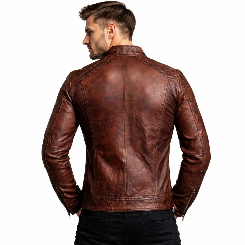Men’s Distressed Brown Leather Cafe Racer Motorcycle Jacket Vintage Biker Outerwear - Image 2