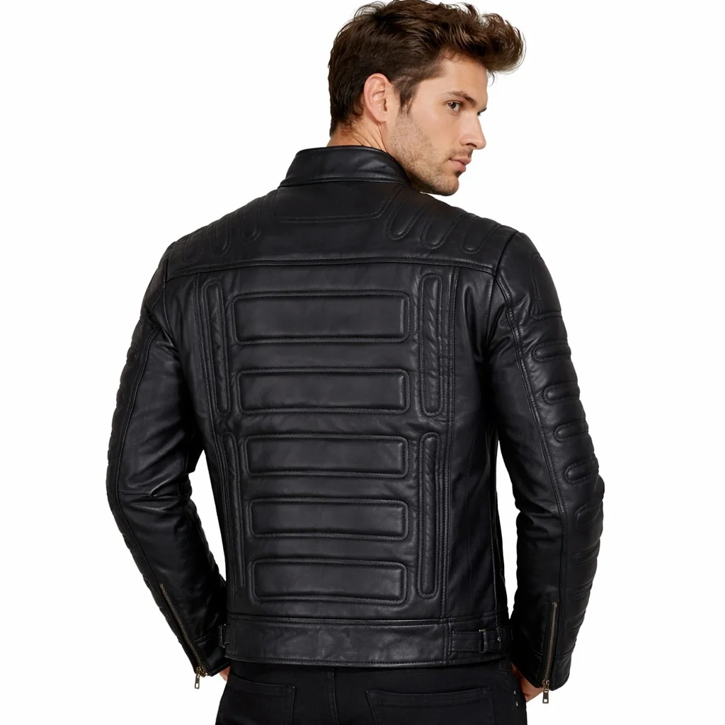 Men’s Leather Biker Jacket with Mandarin Collar Padded Shoulders & Sleeves, Zippered Pockets - Image 2