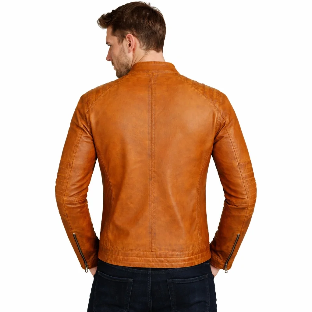 Men’s Brown Leather Biker Jacket with Quilted Shoulder Details Classic Motorcycle Jacket - Image 2