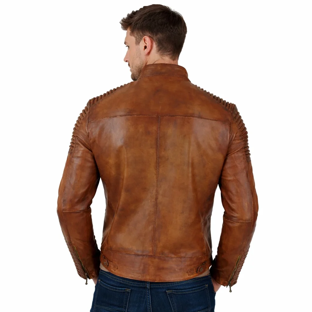 Distressed Brown Café Racer Leather Jacket Vintage Motorcycle Style - Image 2