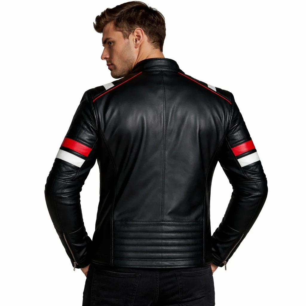 Feather Skin Men’s Cafe Racer Biker Leather Jacket Black Jacket with Red & White Stripes - Image 2