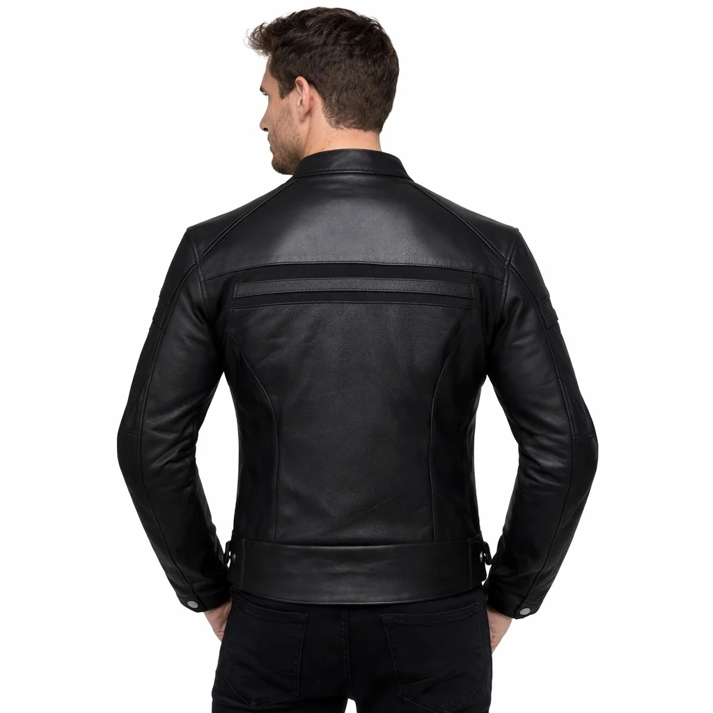 Men’s Black Café Racer Leather Jacket Classic Slim-Fit Motorcycle Biker Jacket with Zipper Closure & Multi-Pocket Design - Image 2
