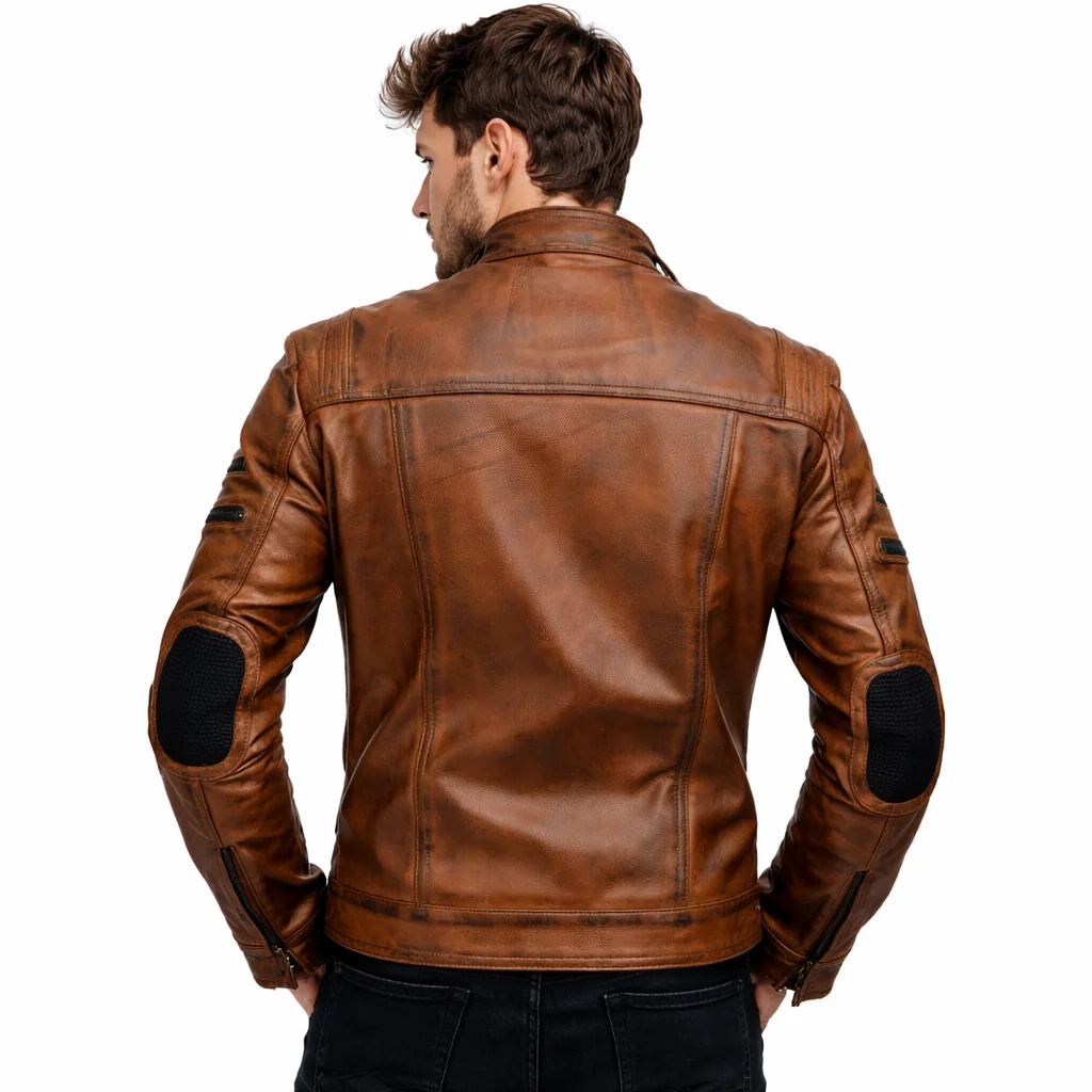 Men’s Brown Distressed Leather Jacket Vintage Biker & Casual Style - Image 2
