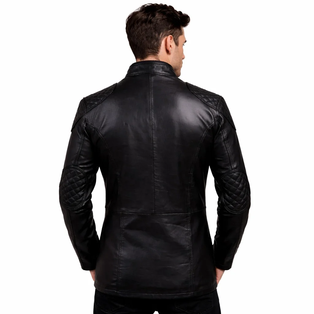 Men’s Black Genuine Leather Racing Jacket Snap-Tab Collar with Flap Pockets - Image 2