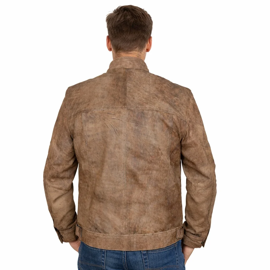 Distressed Brown Leather Café Racer Jacket with Snap Collar & Dual Chest Pockets - Image 2