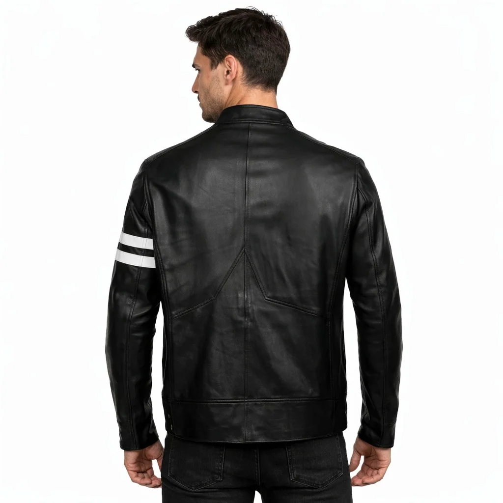 John Tanner Style Black Leather Biker Jacket with White Racing Stripes - Image 2