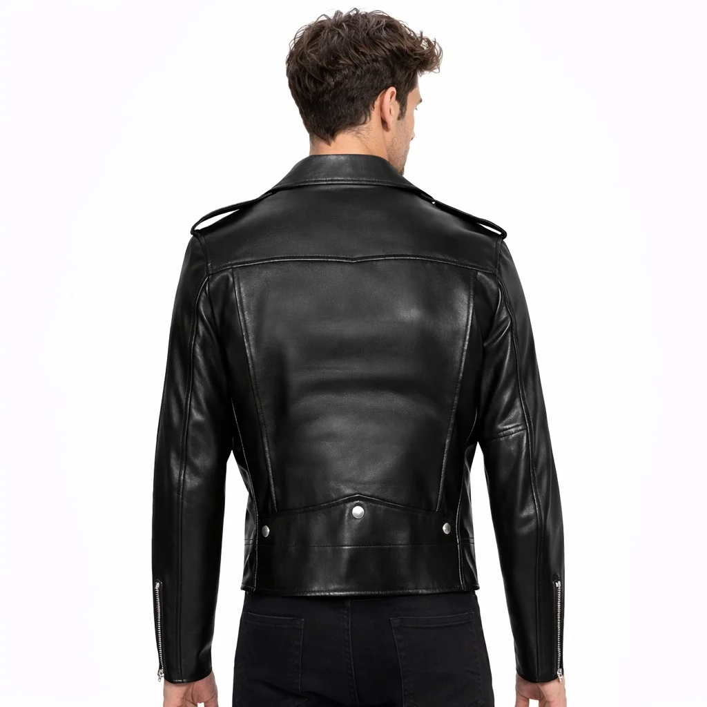Men’s Black Asymmetrical Leather Motorcycle Jacket Genuine Sheepskin & Cowhide Biker Jacket - Image 2