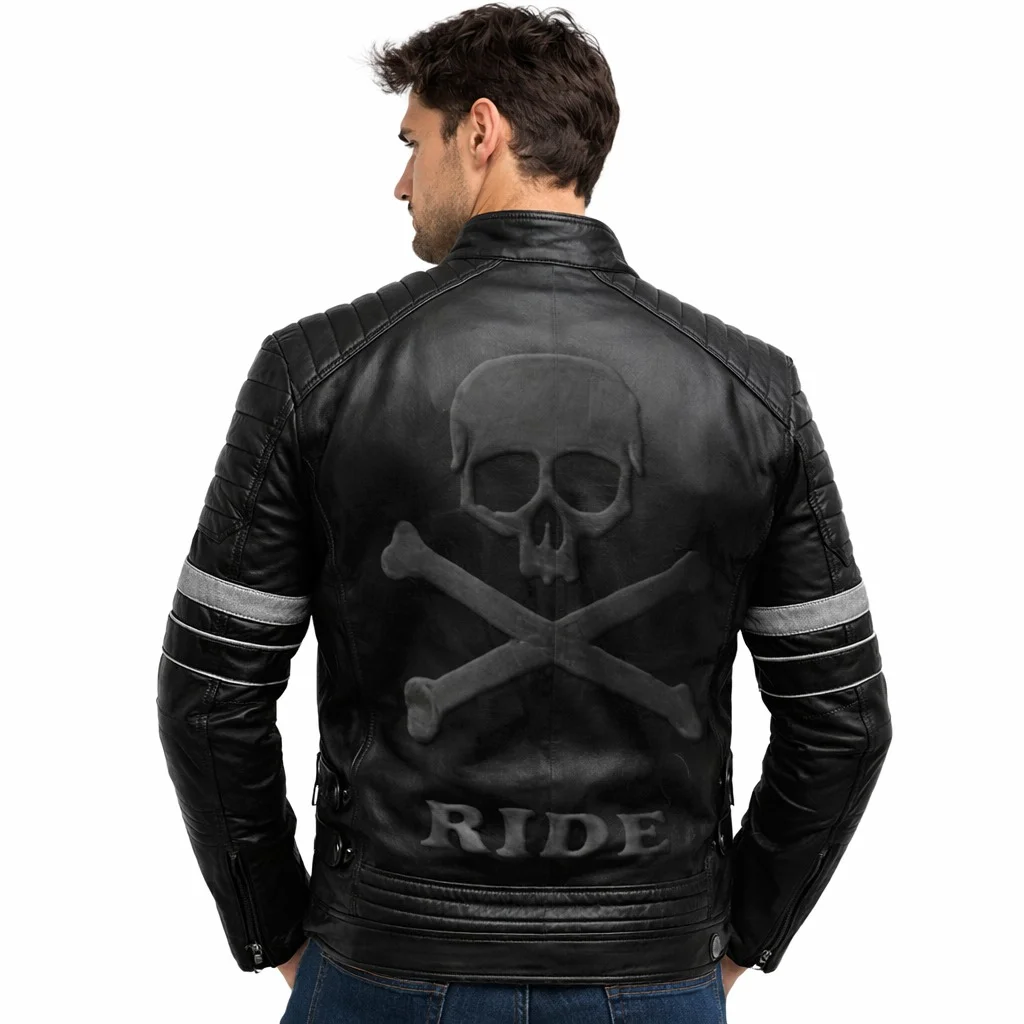 Men’s Black Leather Cafe Racer Jacket Grey Stripes & Quilted Shoulder Detailing - Image 2