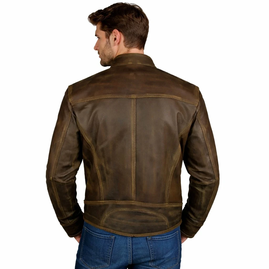 Distressed Brown Leather Men’s Café Racer Jacket with Stand Collar & Triple-Stitched Detailing - Image 2