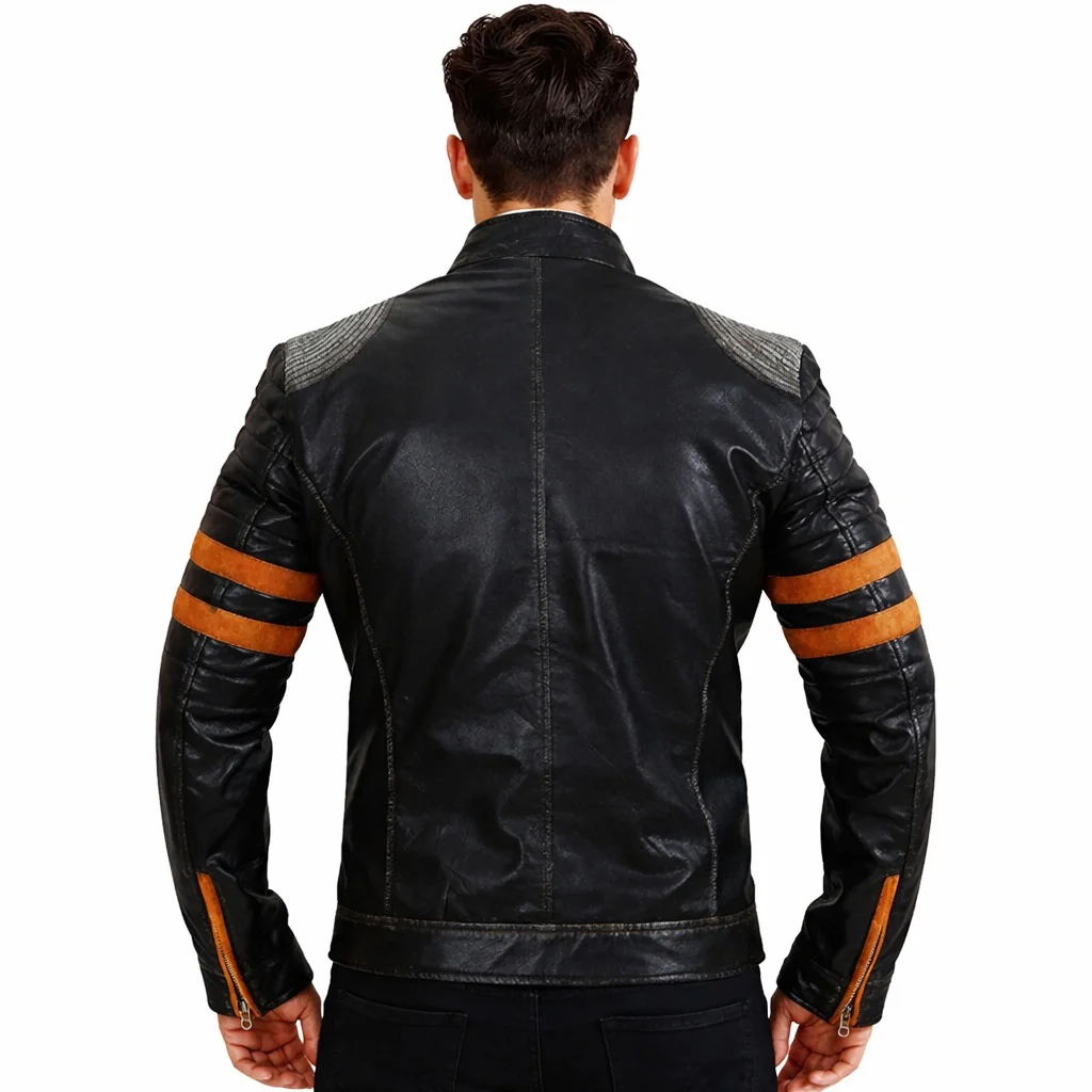 Men’s Distressed Black Leather Café Racer Jacket with Orange Stripes & Shoulder Padding Slim Fit Motorcycle Style - Image 2