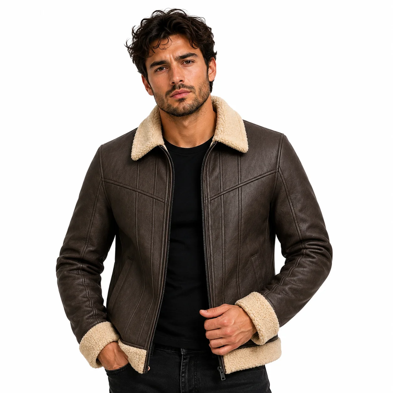 Men’s Vintage Brown Premium Leather Shearling Aviator Bomber Jacket