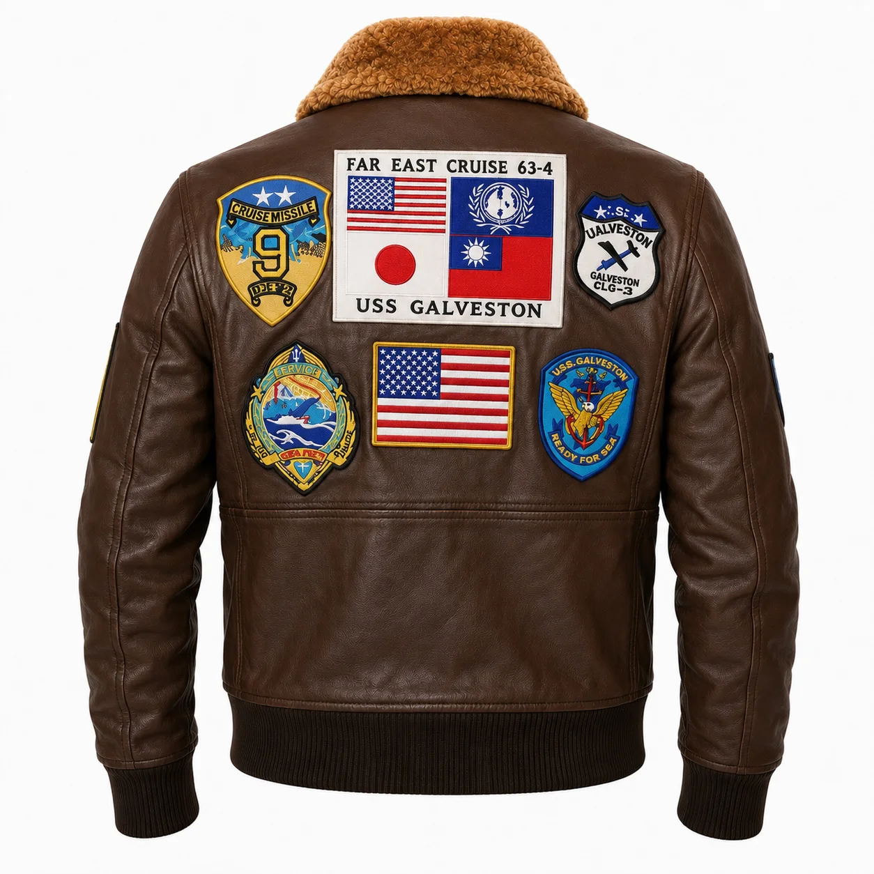 Brown Top Gun Bomber Leather Jacket with Pilot Patches - Image 4