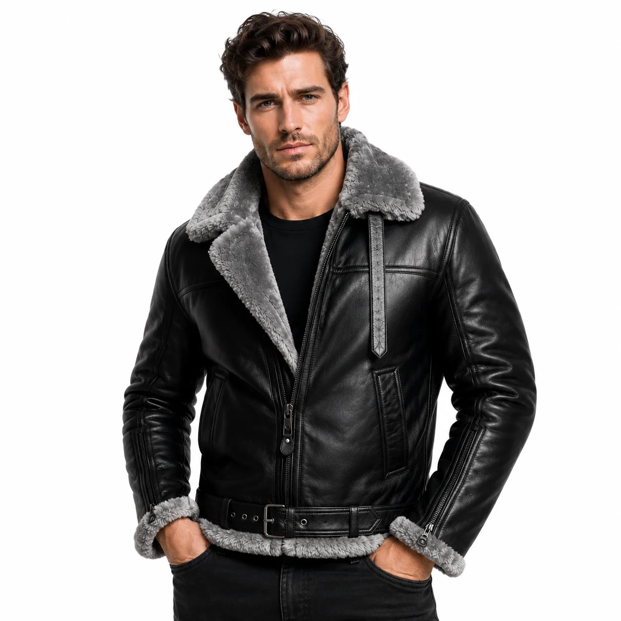 Men’s Black Premium Leather B3 Shearling Aviator Bomber Jacket