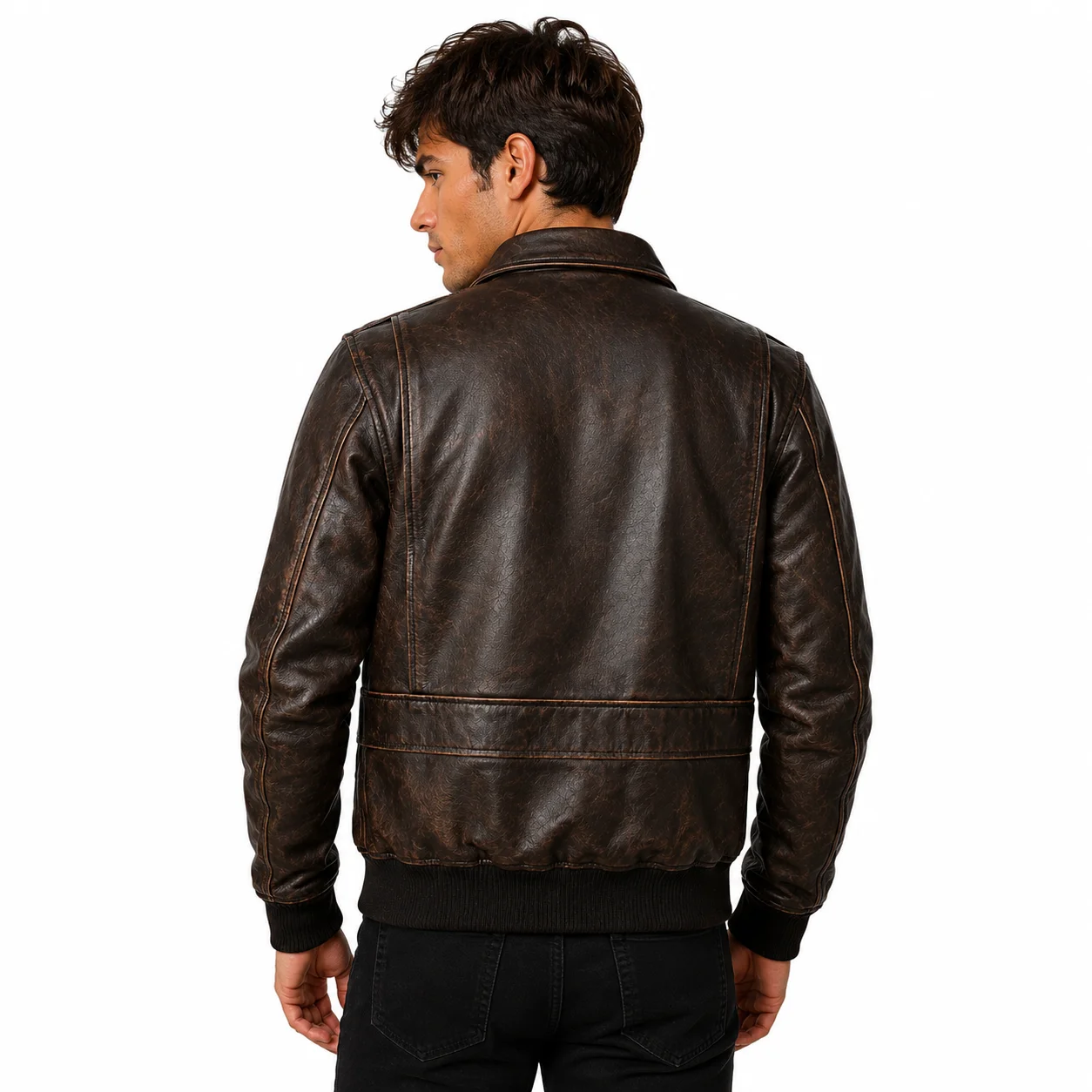 Men’s Vintage Distressed Brown Leather Bomber Jacket with Flap Pockets - Image 2