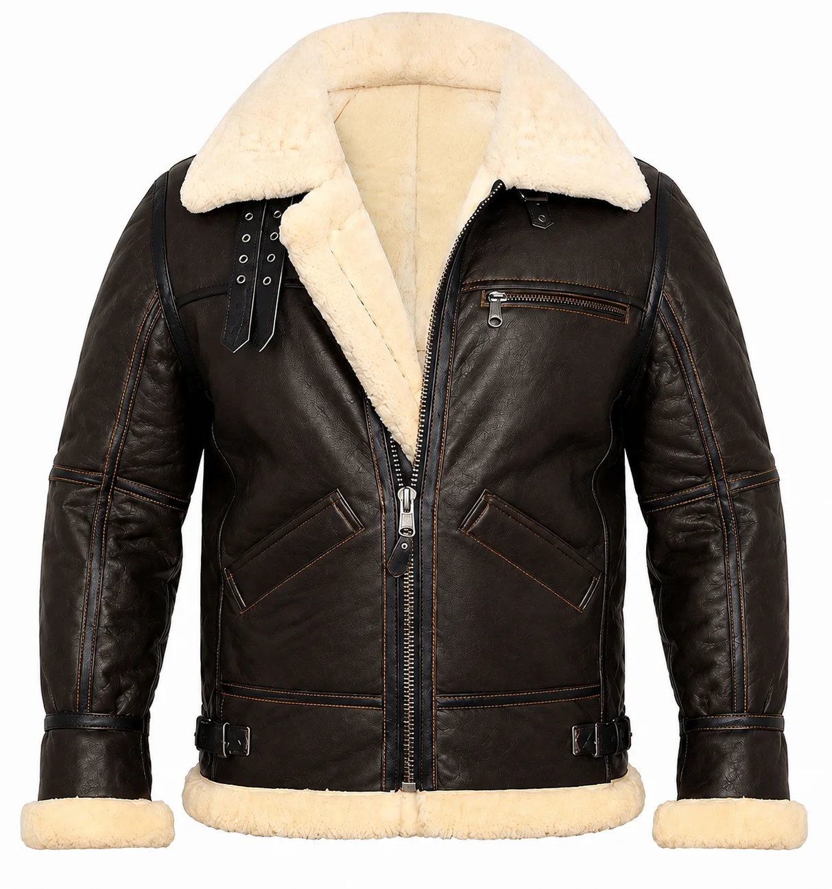 Men’s Vintage Brown Shearling Aviator Biker Bomber Jacket – Winter Flight Coat - Image 3