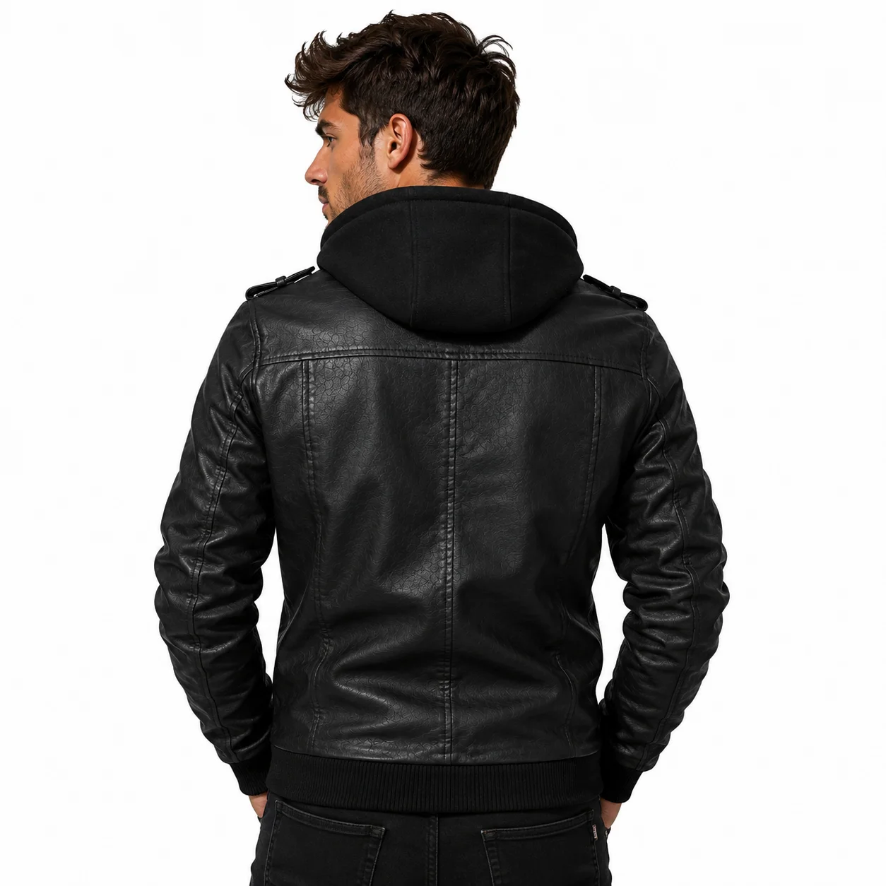 Men’s Black Hooded Premium Leather Biker Bomber Jacket with Multiple Zip Pockets - Image 2