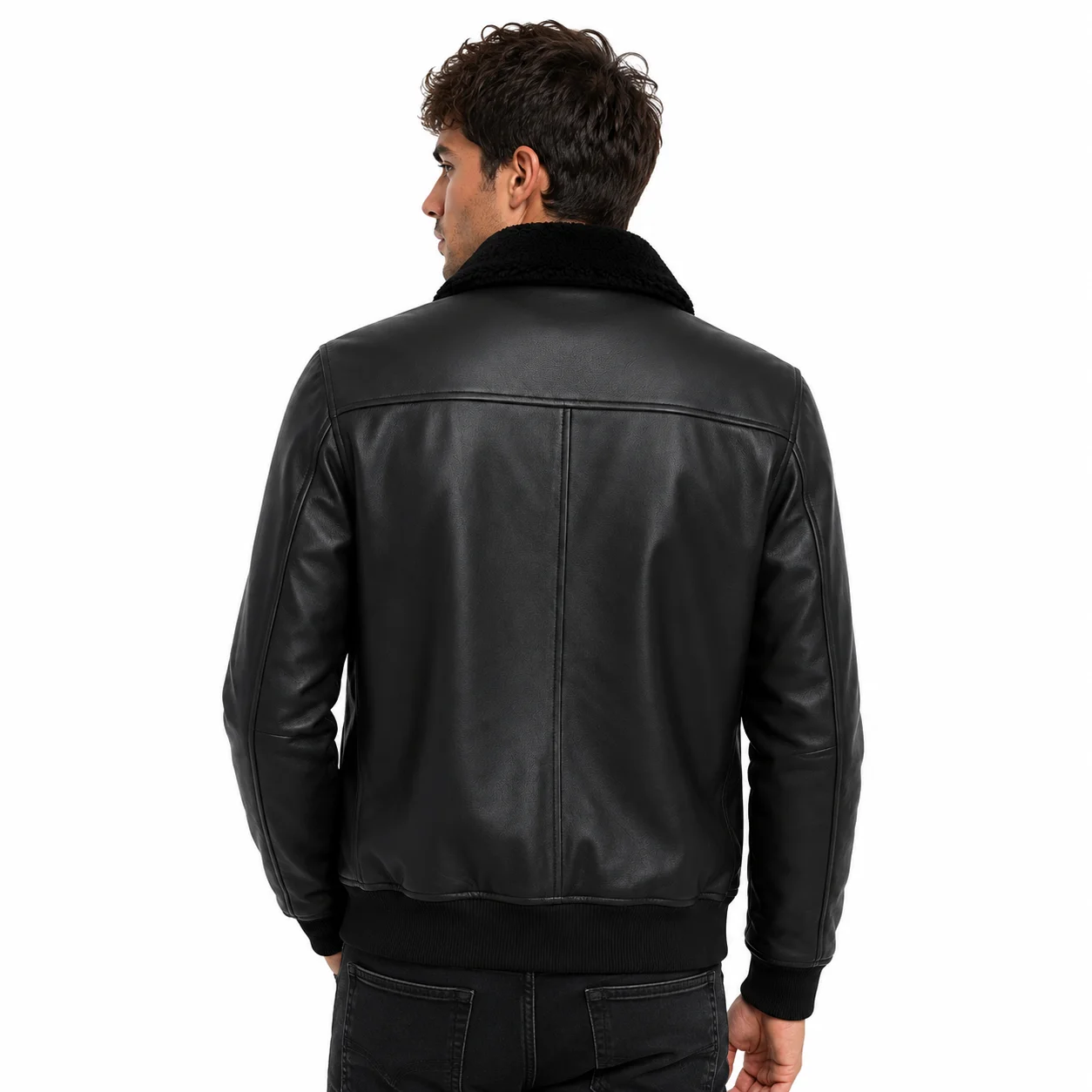 Men’s Black Premium Leather Aviator Bomber Jacket with Sherpa Collar - Image 2