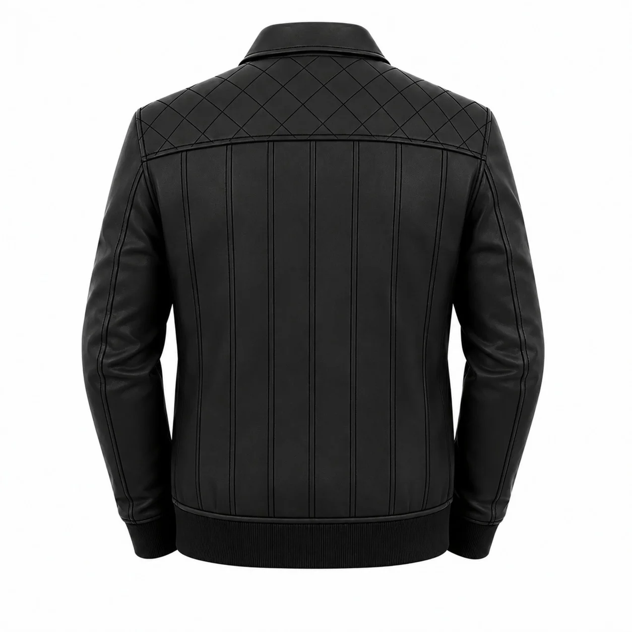 Men’s Black Quilted Shoulder Premium Leather Bomber Jacket - Image 4