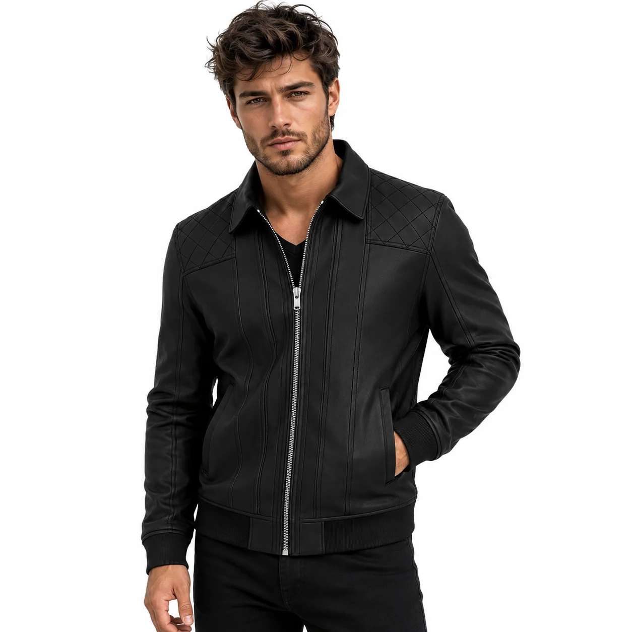 Men’s Black Quilted Shoulder Premium Leather Bomber Jacket