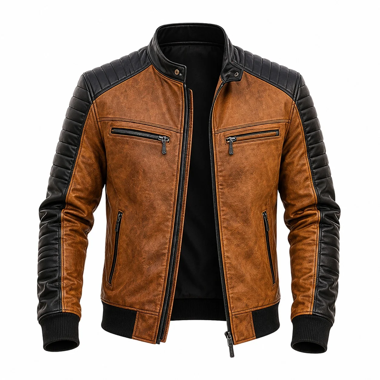 Men's Vintage Brown & Black Motorcycle Biker Bomber Jacket - Image 3