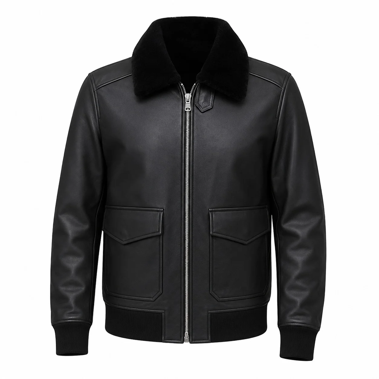 Men’s Black Premium Leather Aviator Bomber Jacket with Sherpa Collar - Image 3