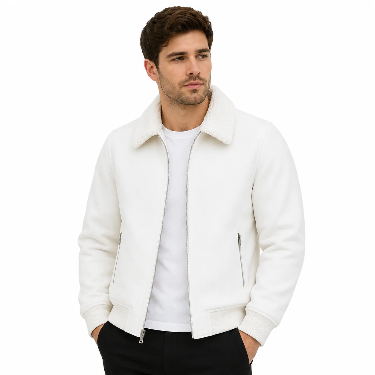Men’s White Premium Leather Bomber Jacket with Sherpa Collar – Aviator Jacket