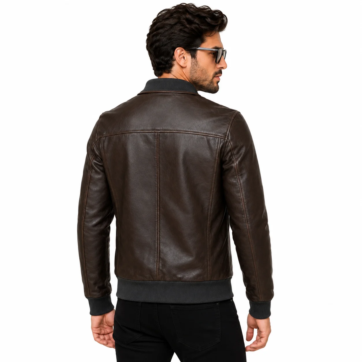 Men’s Vintage Dark Brown Leather Bomber Jacket – Flight Jacket with Ribbed Collar - Image 2