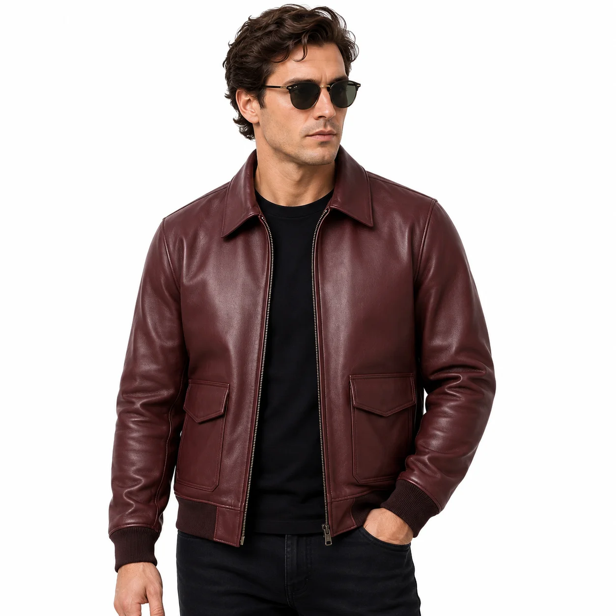 Men’s Vintage Burgundy Leather Bomber Jacket