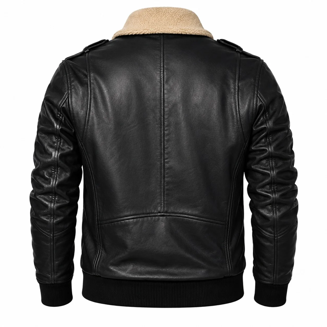 Men's Premium Black Leather Bomber Jacket with Sherpa Collar - Image 4