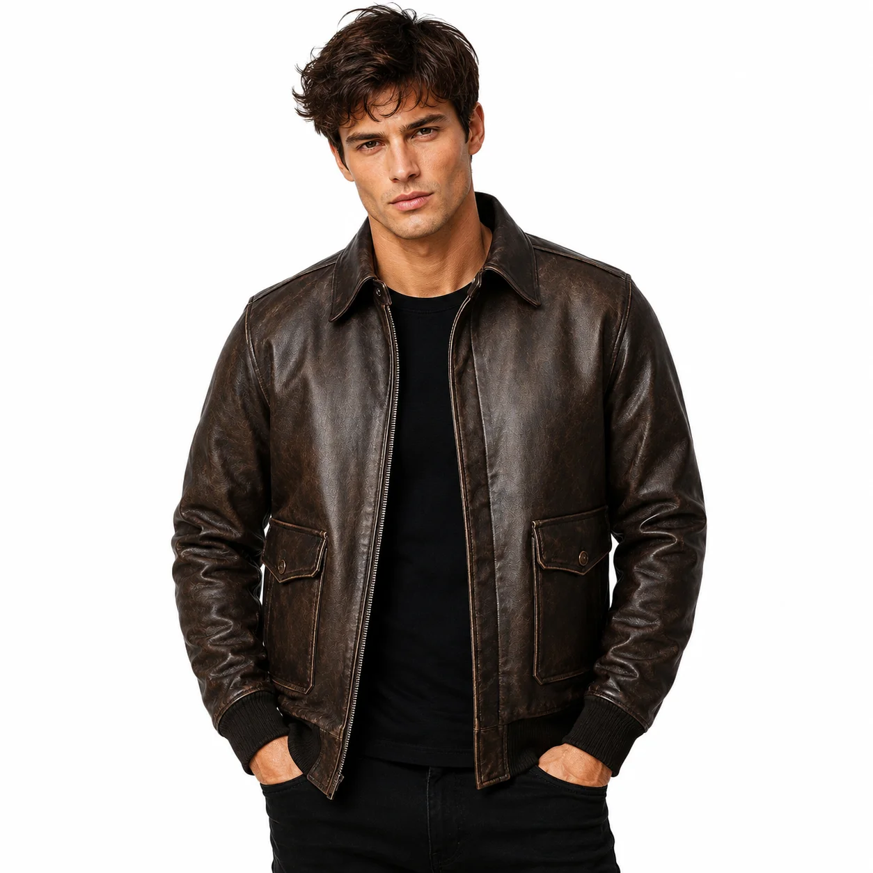 Men’s Vintage Distressed Brown Leather Bomber Jacket with Flap Pockets