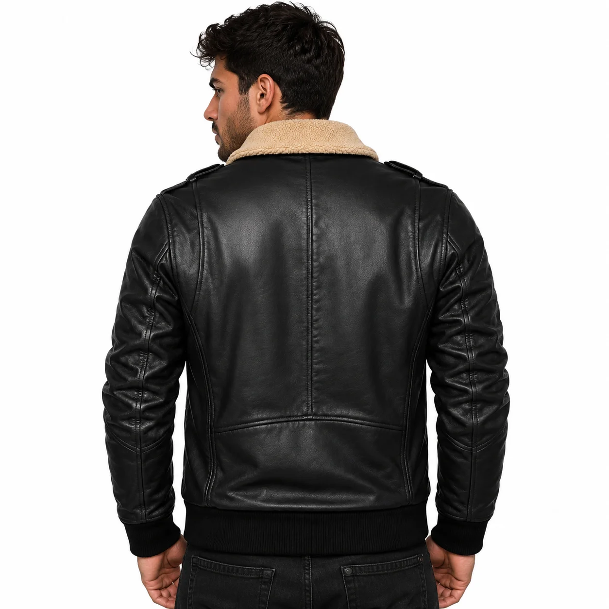 Men's Premium Black Leather Bomber Jacket with Sherpa Collar - Image 2