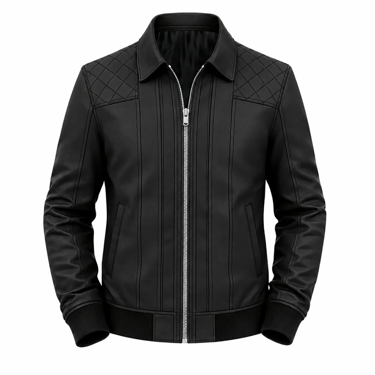 Men’s Black Quilted Shoulder Premium Leather Bomber Jacket - Image 3