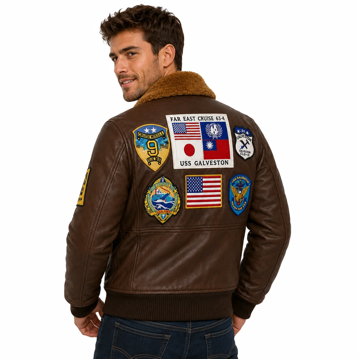 Brown Top Gun Bomber Leather Jacket with Pilot Patches - Image 2