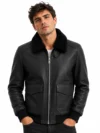 Men’s Black Premium Leather Aviator Bomber Jacket with Sherpa Collar