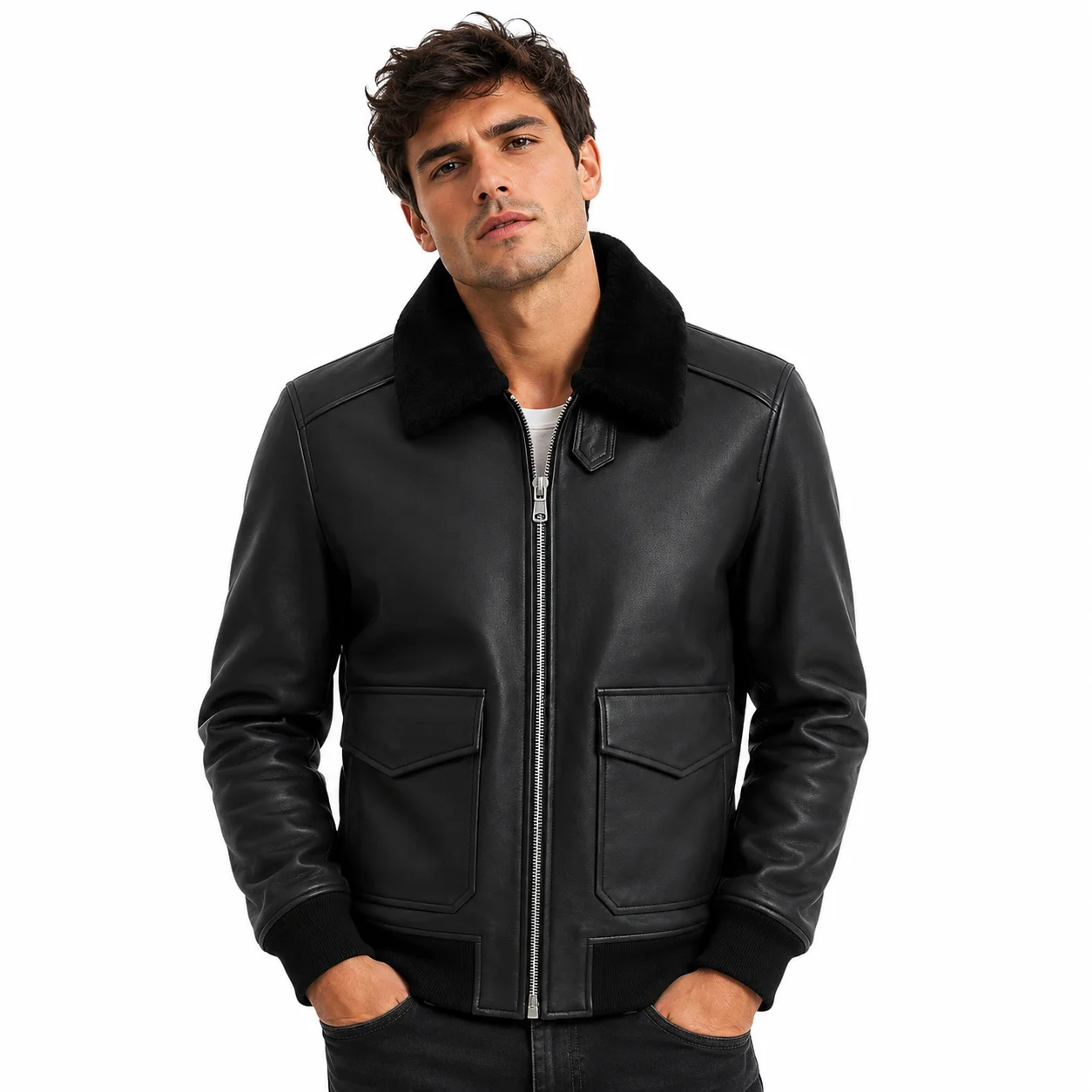Men’s Black Premium Leather Aviator Bomber Jacket with Sherpa Collar