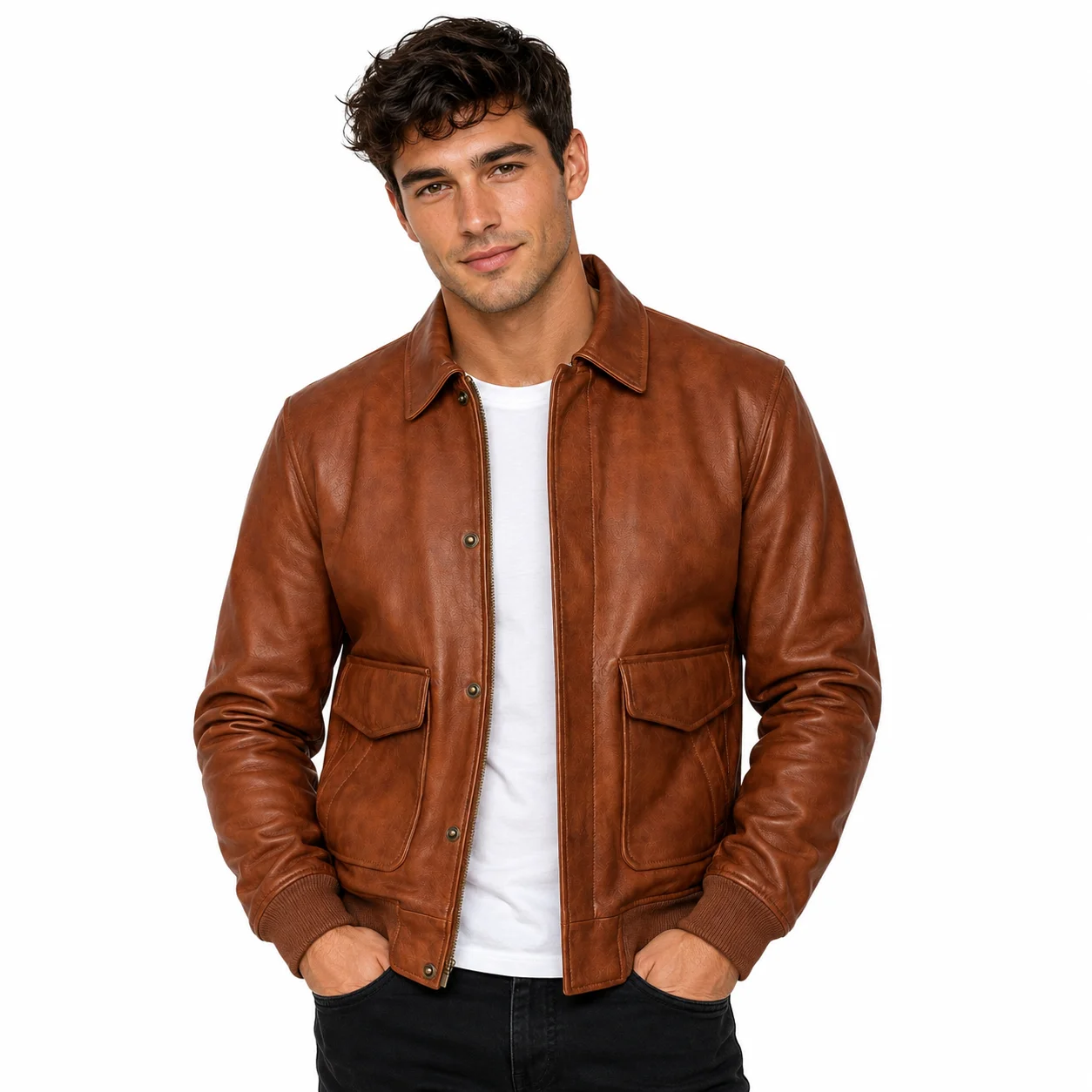 Men’s Vintage Brown Leather Bomber Jacket – Classic Aviator Style