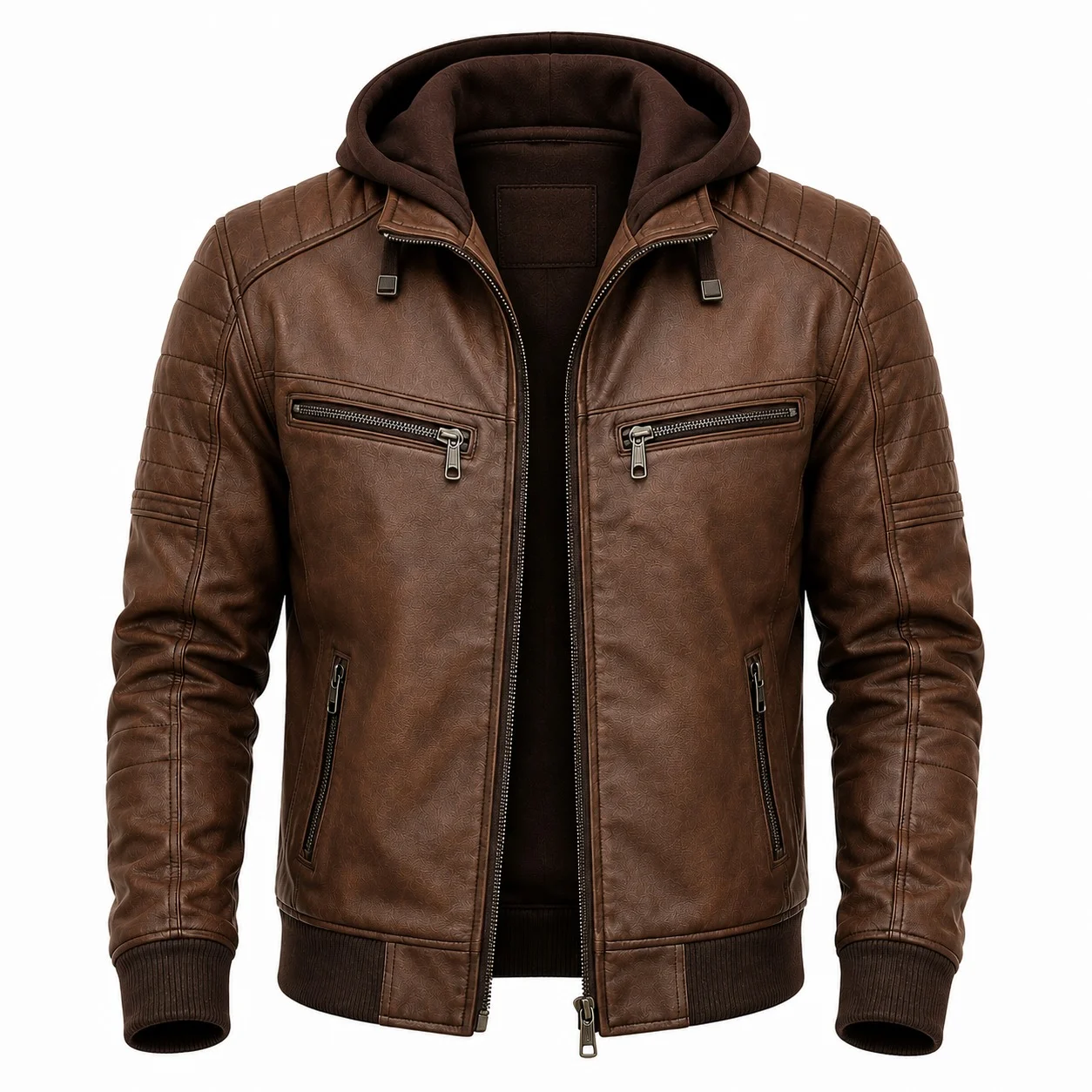 Men's Vintage Brown Hooded Leather Biker Bomber Jacket with Removable Hood - Image 3