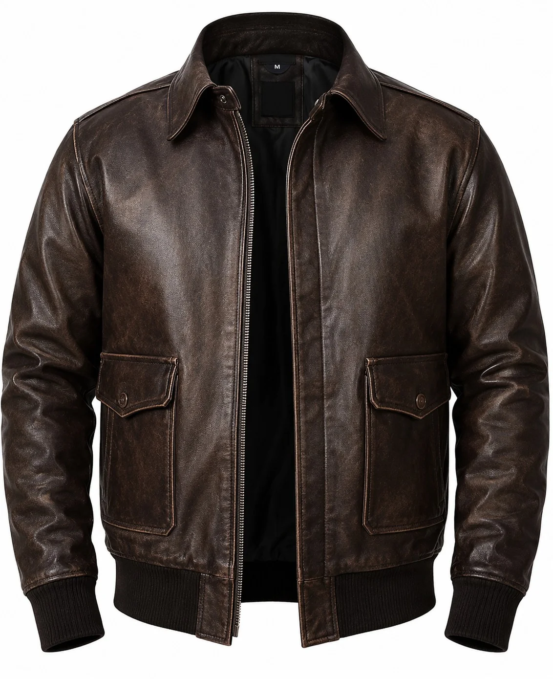 Men’s Vintage Distressed Brown Leather Bomber Jacket with Flap Pockets - Image 3