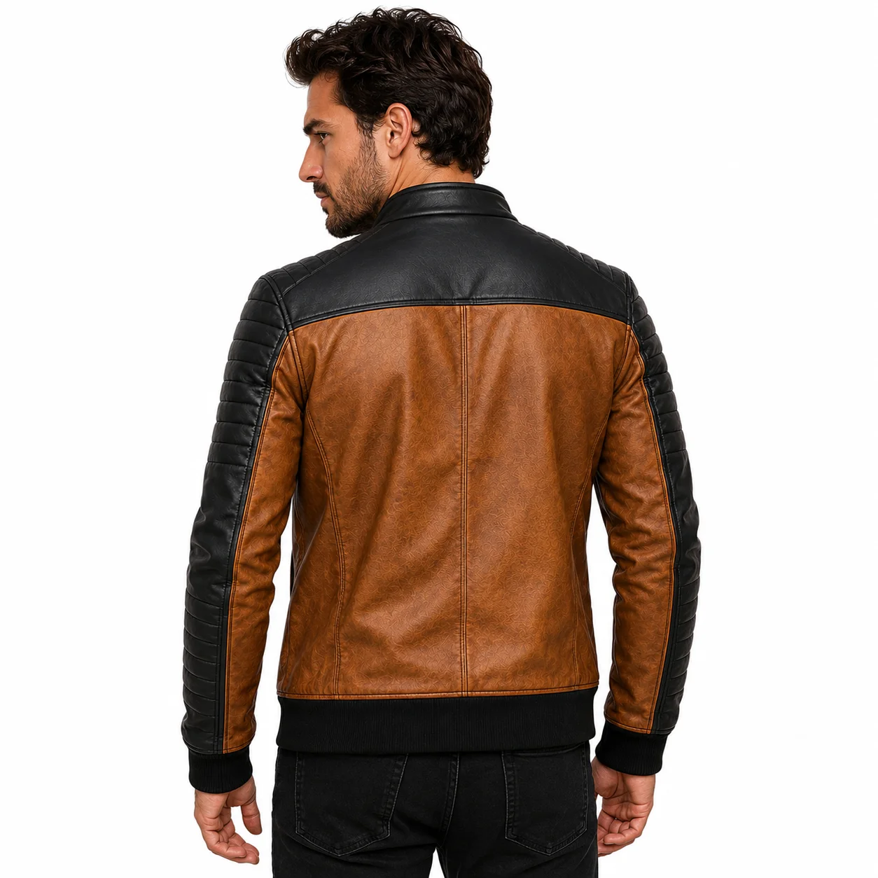 Men's Vintage Brown & Black Motorcycle Biker Bomber Jacket - Image 2