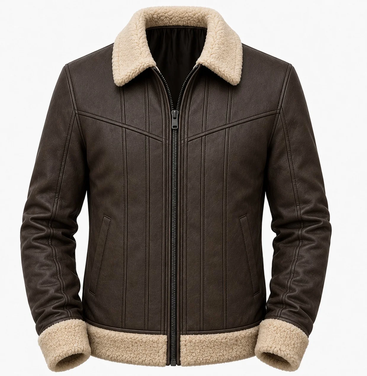 Men’s Vintage Brown Premium Leather Shearling Aviator Bomber Jacket - Image 3
