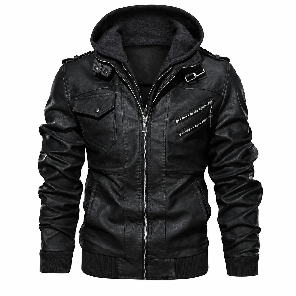 Men’s Black Hooded Premium Leather Biker Bomber Jacket with Multiple Zip Pockets - Image 3