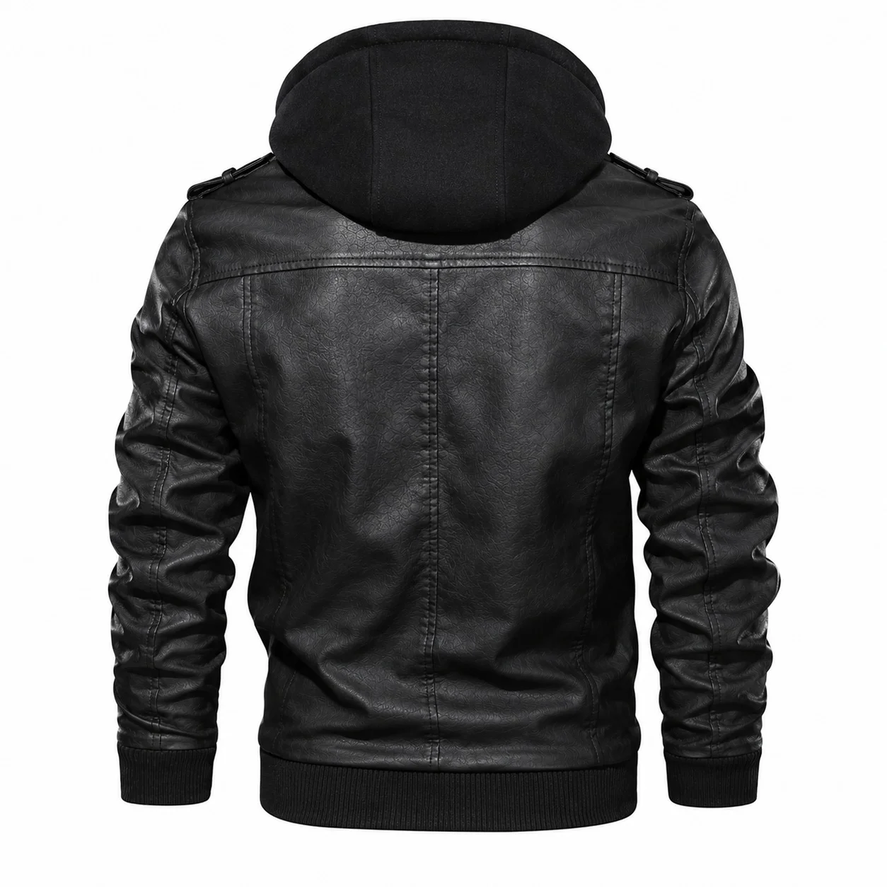 Men’s Black Hooded Premium Leather Biker Bomber Jacket with Multiple Zip Pockets - Image 4