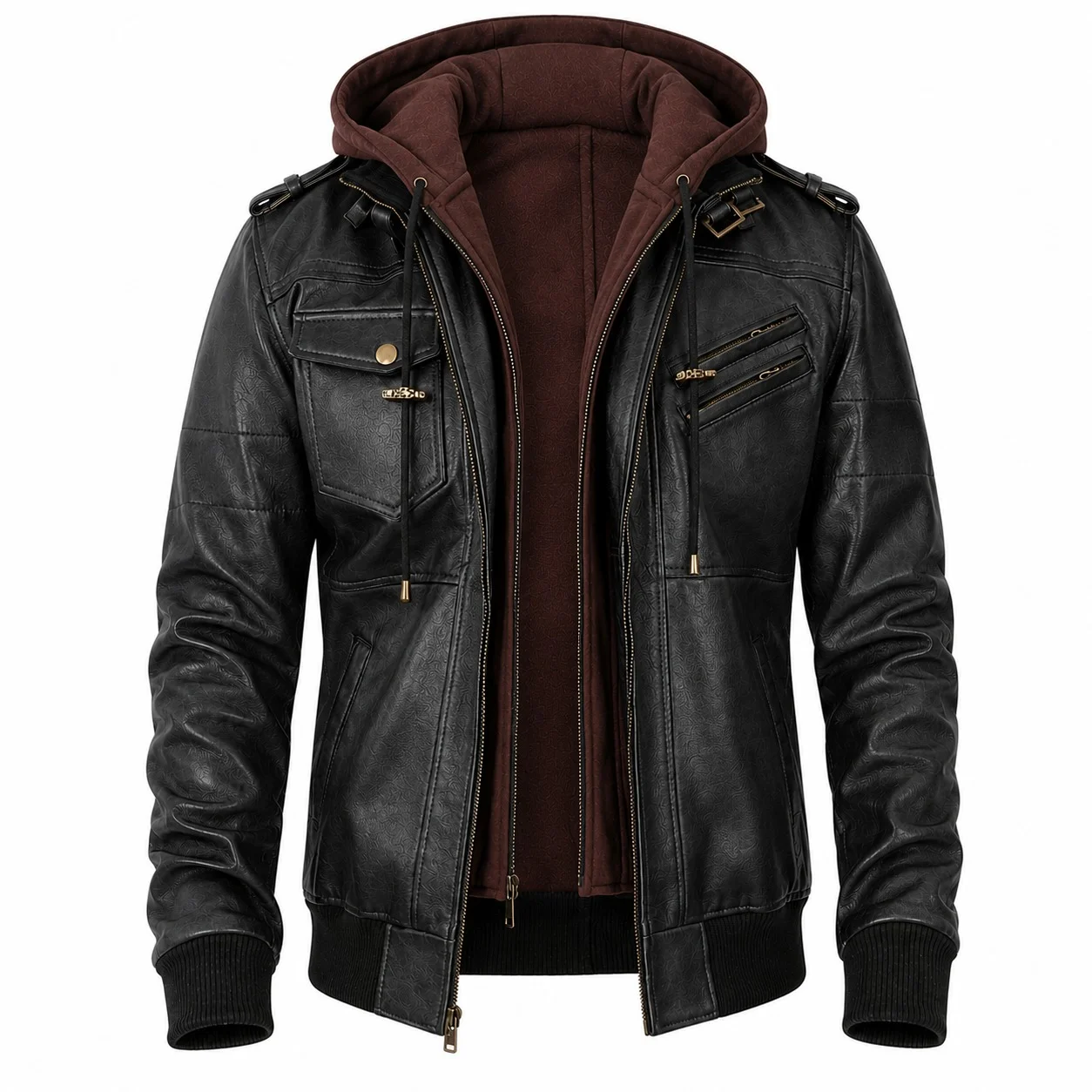 Men’s Vintage Hooded Premium Leather Bomber Jacket – Black & Brown - Image 3