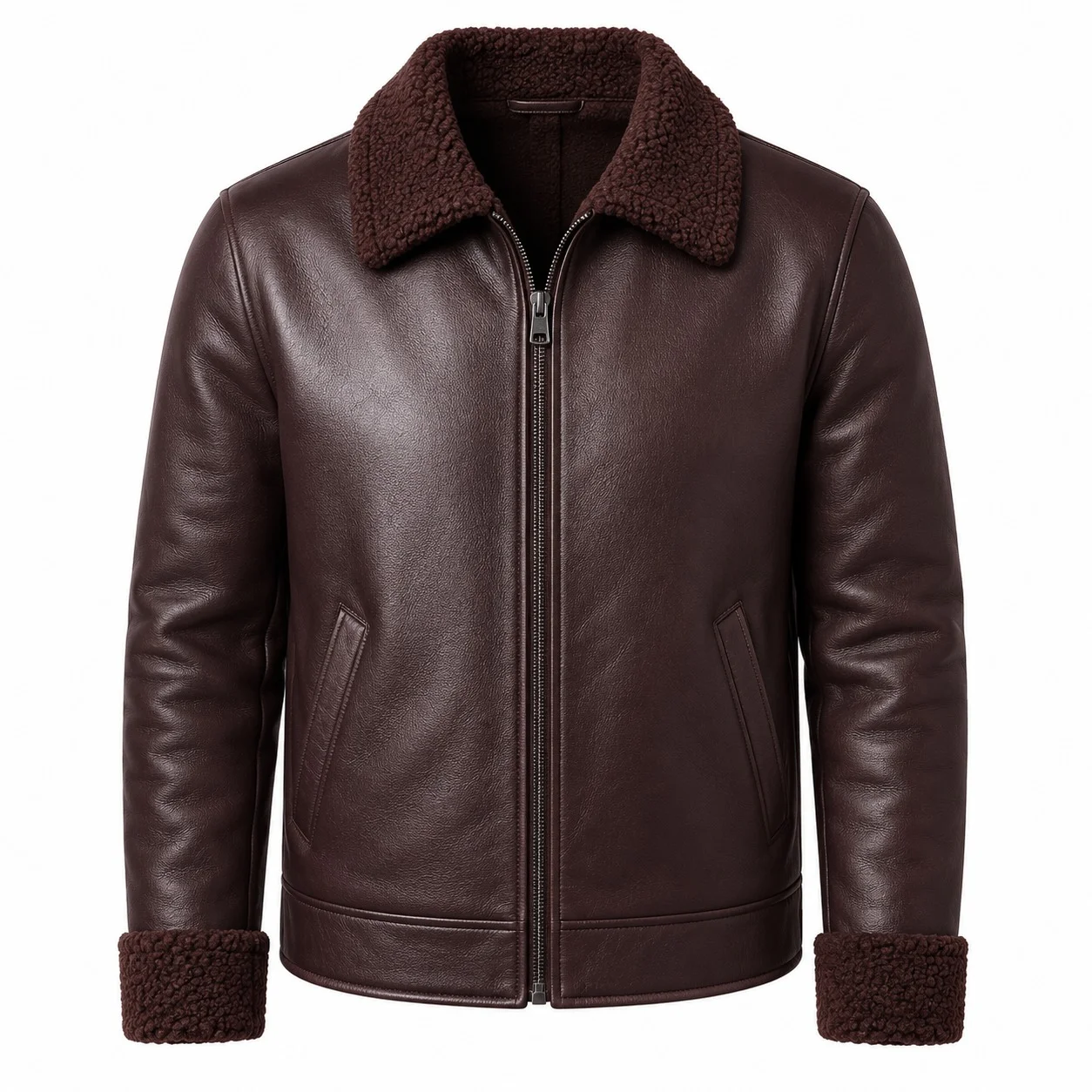 Men’s Vintage Brown Premium Shearling Leather Bomber Jacket - Image 3