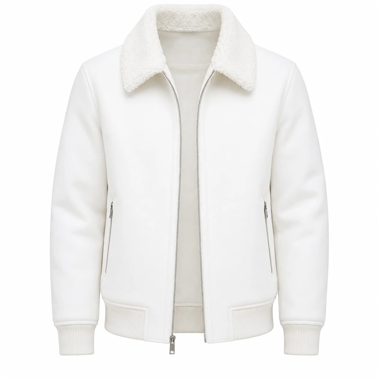 Men’s White Premium Leather Bomber Jacket with Sherpa Collar – Aviator Jacket - Image 3