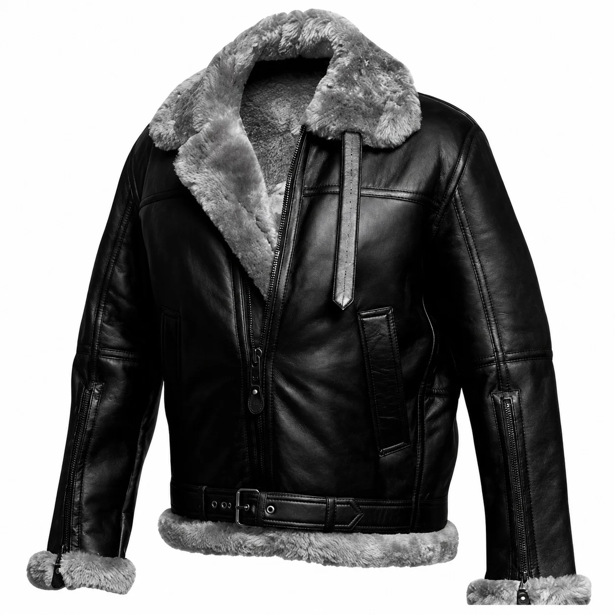 Men’s Black Premium Leather B3 Shearling Aviator Bomber Jacket - Image 3