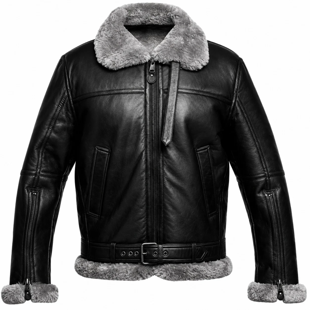 Men’s Black Premium Leather B3 Shearling Aviator Bomber Jacket - Image 5