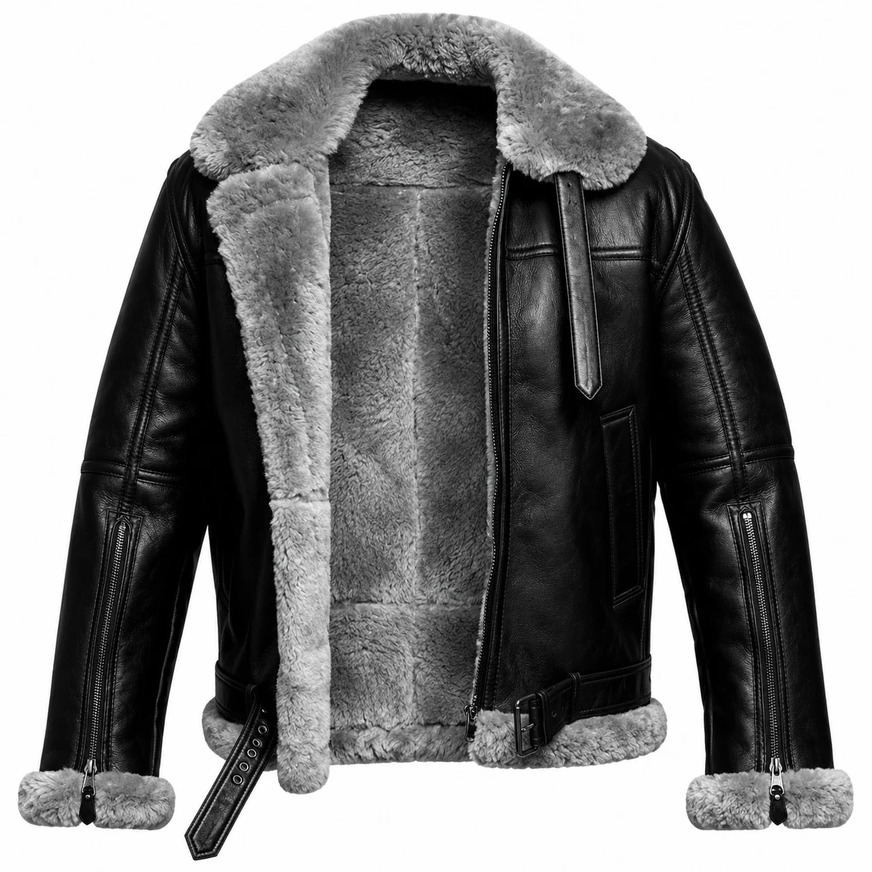 Men’s Black Premium Leather B3 Shearling Aviator Bomber Jacket - Image 6